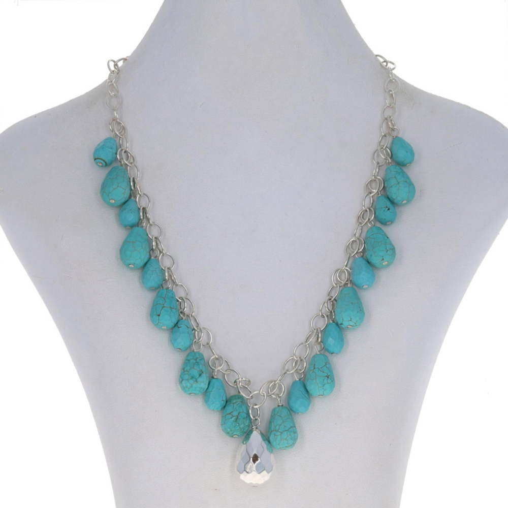 Sterling Silver Howlite Drop Dangle Necklace 17" - 925 Simulated Turquoise